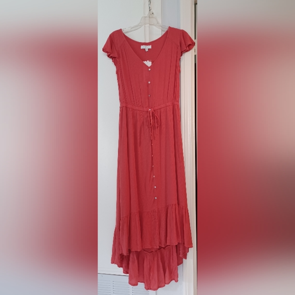 NWT New Directions L Coral High-Low Flutter Sleeve Button-Up Maxi Dress